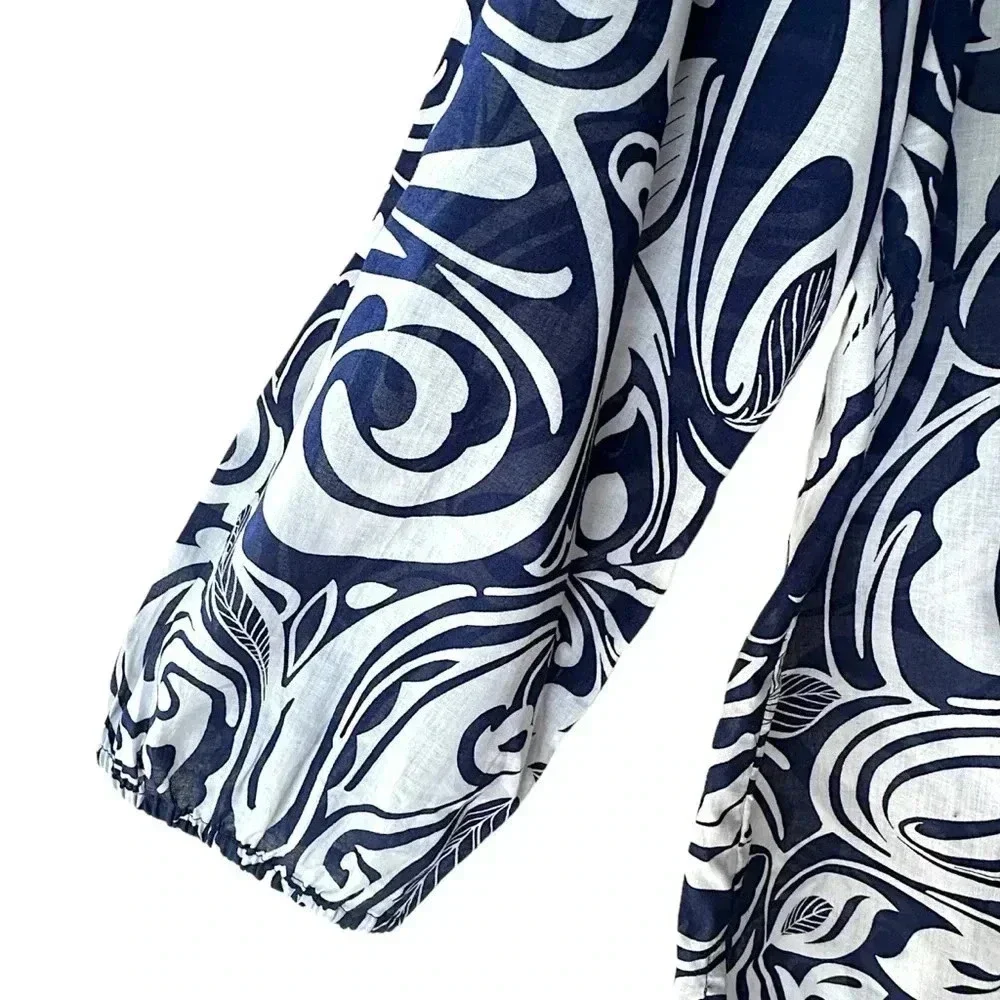 TALBOTS NWOT SPLIT NECK TUNIC PAISLEY 3/4 SLEEVE NAVY BLUE WHITE | SIZE: LARGE - Picture 4 of 8